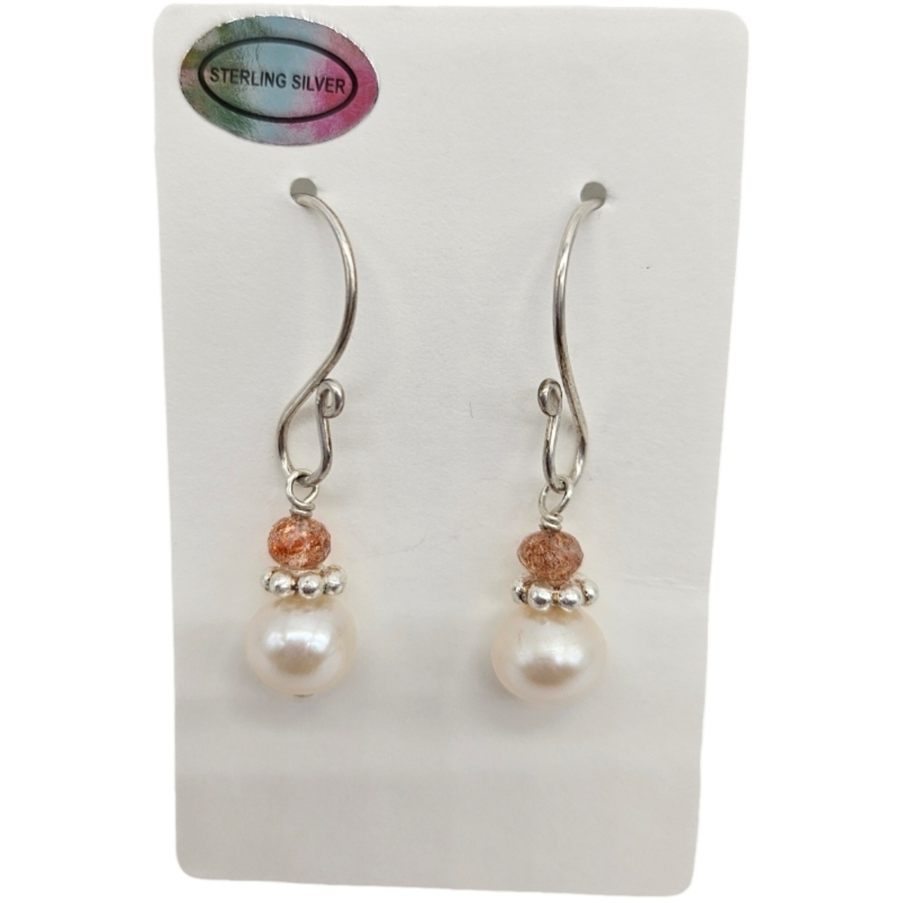 💎Sterling Silver Earrings with Freshwater Pearl and Sunstone Gemstones